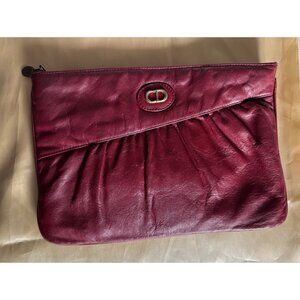 Christian Dior Burgundy Leather Clutch Bag With Ruched Design & CD Logo Top Zip